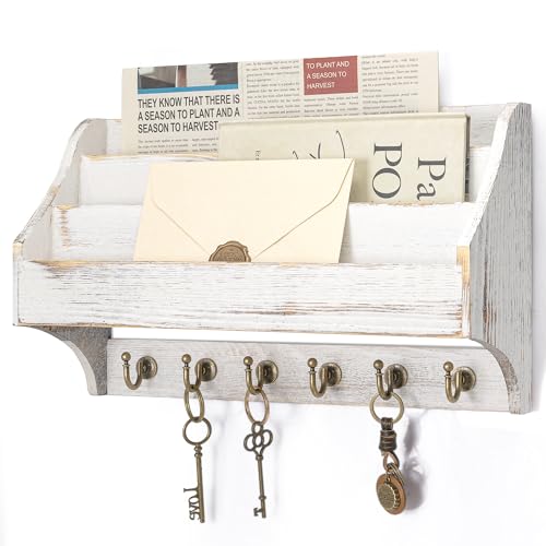 Rebee Vision Pine Wood Key Holder Wall Mount - Farmhouse 3-Tire Mail Holder for Wall with 6 Key Hooks for Home Decor- Multifunctional File Organizer for Entreyway, Living Room (Whitewash) - color: Whitewash