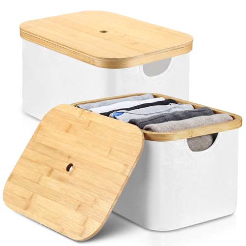 Novabright 2 Pcs Collapsible Storage Basket with Bamboo Lids 15" x 10" Foldable Fabric Storage Bins with Handles for Organizing Shelves Closet Laundry Room Bathroom Clothes Towel(White) - color: White