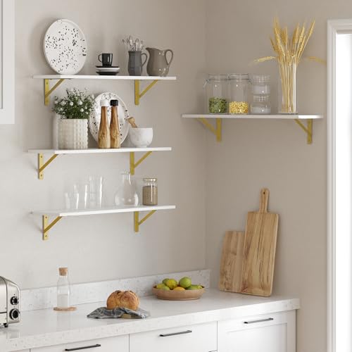 DINZI LVJ Long Wall Shelves, Set of 4, 31.5Inch Wall Mounted Shelves, Floating Shelves for Wall Storage with Metal Brackets, for Living Room, Bathroom, Bedroom, Kitchen, White and Gold - color: White+gold, size: 31.5 Inch (4 Pack)