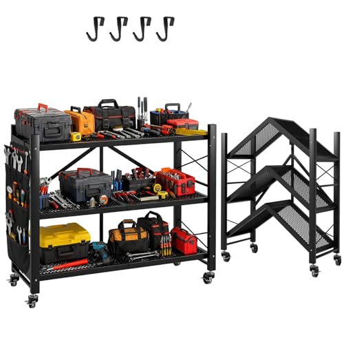 3-Tier Folding Storage Shelves, Heavy Duty Garage Shelving Unit, Adjustable Metal Standing Storage Rack Shelf, No Assembly Wire Shelving Organizer with Wheels for Kitchen Pantry Warehouse - size: 3-Tier