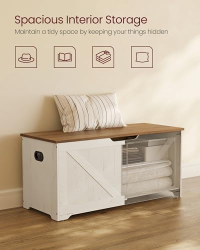 VASAGLE Storage Chest, Storage Bench with 2 Safety Hinges, Farmhouse Style, 15.7 x 39.4 x 18.1 Inches, for Entryway, Bedroom, Living Room, Honey Brown and Rustic White ULSB060WJ01S - color: Honey Brown + Rustic White, size: 39.4"W x 18.1"H, style: Farmhou
