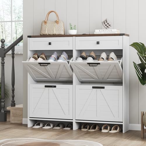 Halitaa Shoe Cabinet with 4 Flip Drawers & 2 Drawers,Farmhouse Shoe Storage Cabinet for Entryway,Slim Freestanding Organizer Rack for Front Door Entrance,White - color: White, style: 4-Drawers