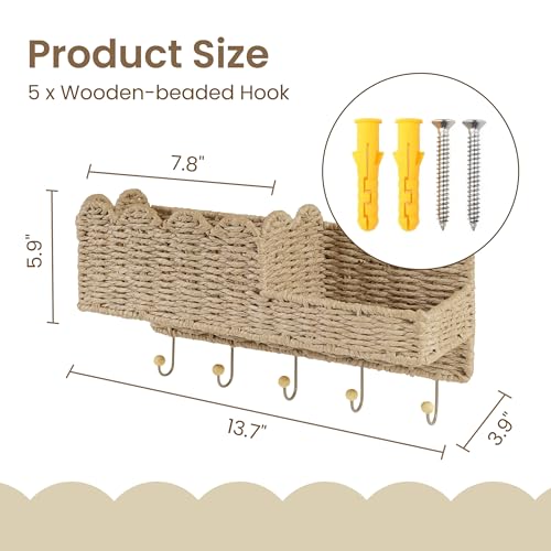 AELS Scalloped Woven Wall Mount Key Holder with 5 Hooks, Decorative Paperstraw Mail Organizer for Entryway, Wave Design Ratten Key Rack, Entryway Organizer, Living Room & Hallway Decor, Natural