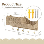 AELS Scalloped Woven Wall Mount Key Holder with 5 Hooks, Decorative Paperstraw Mail Organizer for Entryway, Wave Design Ratten Key Rack, Entryway Organizer, Living Room & Hallway Decor, Natural