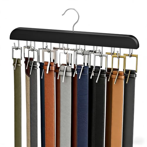 Belt Hanger for Closet Max 42 Belts, Sturdy Wood Belt Rack Closet Accessories with 14 Hooks Belt Organizer for Closet Organizers and Storage -Black 1 Pack - color: Black, size: 1 Pack