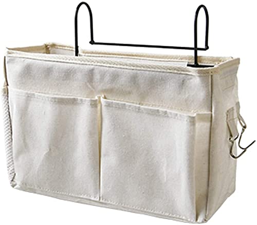 Bedside Caddy,Hanging Basket Bedside Organizer Storage for College Bunk Dorm Rooms Hospital Beds Rails,White Canvas Sturdy Iron Frame with Side Mesh Pocket for Glasses Books Phones Keys Cable - color: White