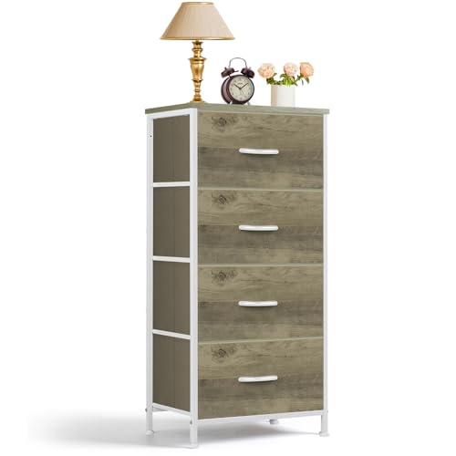 Nightstand, 4 Drawer Dresser End Table Bedside Furniture with Wooden Top Steel Frame Fabric Bins for Bedroom, Closet, Entryway, Dorm, Living Room, Greige Oak - color: Greige Oak, size: 11.8"D x 17.7"W x 37.4"H (4 Drawers)