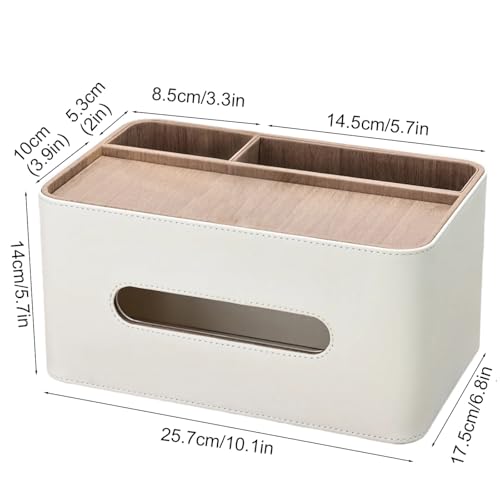 PU Leather Tissue Box Cover Rectangular with Storage Organizer, Multifunctional Remote Control Holder, Desk Organizer for Living Room, Bedroom, Office, Decorative Tissue Holder with Compartments Beige - color: Beige