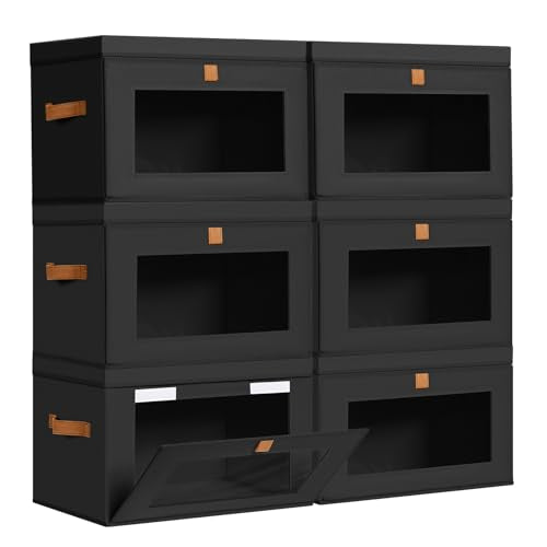 DIMJ Storage Bins with Lids - 6 Pack Large Fabric Closet Organizer with Window & Handles, Collapsible Decorative Storage Boxes for Shelves Under Bed, Books Clothes Blankets Sweaters Organization - color: Black, size: Large-6 Pack