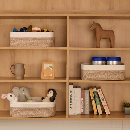 MiniArk Large Shallow Organizing Baskets 15x11x5.1 Inches - Rope Woven Storage Bins for Bathroom, Shelves, Cube Closet, White Mixed Brown 3 Packs - color: Off White & Mixed Brown, size: 3pcs-L15×W11×H5.1"