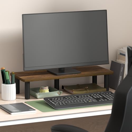 Furinno TURN-N-TUBE Monitor Stand Riser, 23.6" Wide Rectangle Monitor Riser, Laptop Stand for Desk, Office Desk Accessories, Desktop Organizers and Accessories, Toolless Assembly, For Study Room, Dorm, Amber Pine - color: Amber Pine/Black, size: 23.6"W Re