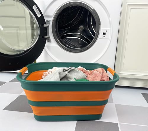 SAMMART Collapsible Plastic Laundry Basket with Handle/Foldable Pop Up Storage Hamper/Portable Laundry Organizer-Space Saving Washing Tub/Household Storage (Teal Green/Autumn leaf, 27L) - color: Teal Green/Autumn leaf, size: 27L