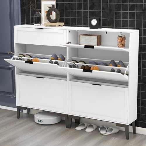 TaoHFE Wooden White Hidden Shoe Cabinet Entryway Shoe Storage Cabinet Narrow Shoe Cabinet Free Standing Shoe Rack Organizer for Closet Shoe Drawer Storage 3 Tier Rack for Front Door Entrance - color: White
