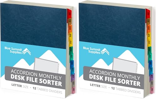 Blue Summit Expanding Monthly File Organizer, Letter Size 12 Month File Folder Organizer with Dividers, Paper Sorter for Desk and Documents (Pack of 2) - size: Letter (Pack of 2)