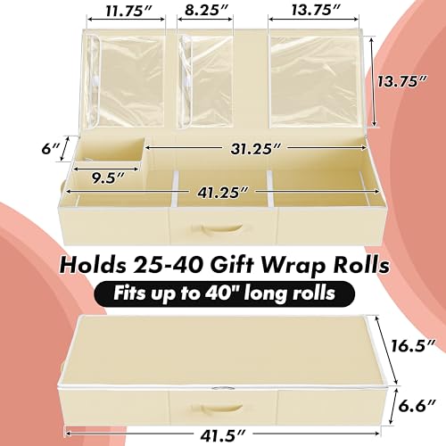 Simple Houseware 41.5" Wrapping Paper Storage Organizer - Fits 40 Rolls with Adjustable Straps, Interior Divider for Ribbons & Bows, 3 Clear Pockets for Gift Bags & Tools, 41.5''L x 16''W, Beige - color: Beige