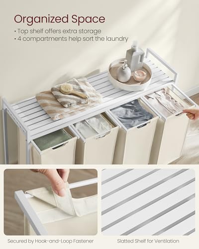 VASAGLE Laundry Hamper, Laundry Basket, Laundry Sorter with 4 Pull-Out and Removable Bags, Shelf, Metal Frame, 4 x 10.6 Gallons (40 L), 45.7 x 13 x 28.4 Inches, Cream White and Cloud White UBLH401W01 - color: Cream White + Cloud White, size: 4 Bags - 160