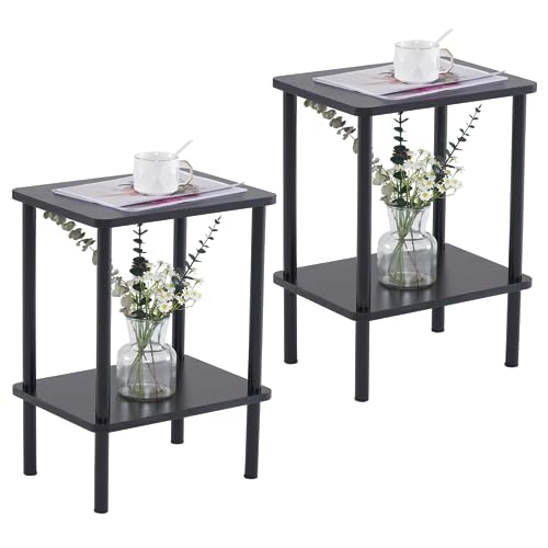 Apicizon 2 Tier End Table Set of 2, Small Side Table with Solid Wood Legs, Boho Bedside Table with Storage Shelf, Nightstand for Small Spaces, Bedroom, Living Room, Entryway, Easy Assembly, Black - color: Black, size: 2 Set, style: 2 Tier