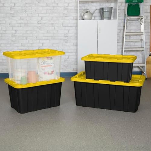 Sterilite 4-Pack 27 Gallon Industrial Storage Tote, Heavy-Duty Plastic Bins, Black/Yellow - Stackable Utility Organizers with Lids for Garage, Camping Tools, and Outdoor Gear - size: 27 Gallon - Black/Yellow