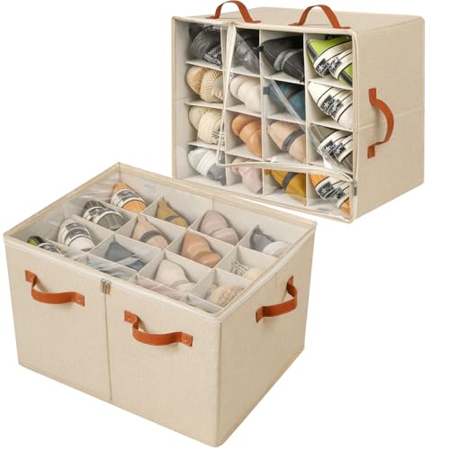 TOPIA HOME Shoe Organizer for Closet 2 Pack, Foldable Shoe Box with Adjustable Dividers and Clear Cover, Space Saving Shoe Storage Organizer Cabinet with Reinforced Handles, Fits 32 Pairs TP12J - color: Jute-2Pack, size: Large(20.87''L x 16.54''W x 13.5''