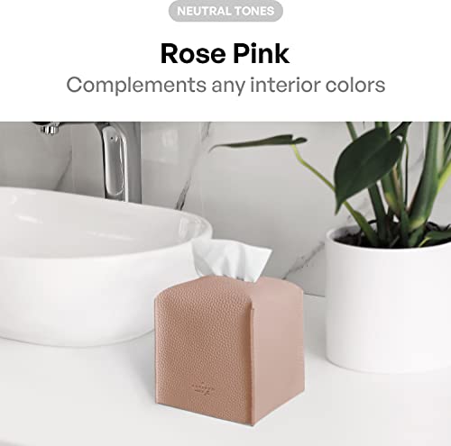 Carrotez Tissue Box Cover, [Refined] Modern PU Leather Square Tissue Box Holder - Decorative Holder/Organizer for Bathroom Vanity Countertop, Night Stands, Office Desk & Car 5"X5"X5" - Rose Pink - color: Rose Pink, size: [Square]