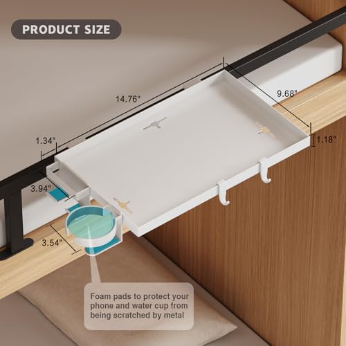 Magheo Bedside Shelf Foldable, Metal Clip-On Bed Shelf for Top Bunk Heavy Duty Bed Side Table Tray for College Dorm Essentials, Loft Nightstand Organizer Tray with Removable Cup & Phone Holder(White) - color: White