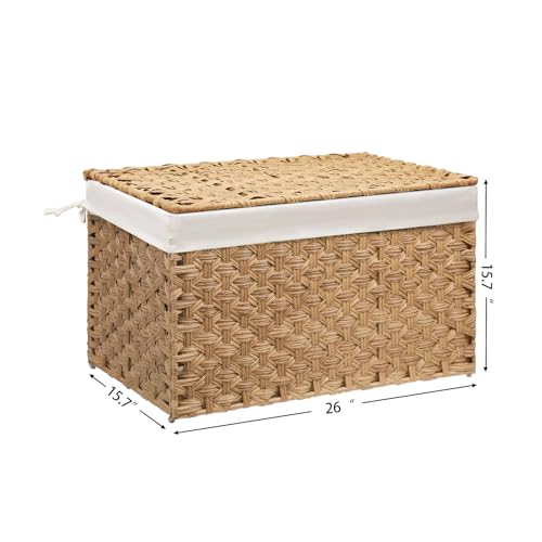 Wicker Storage Basket with Lid, 27.7 Gallon (105L) Large Blanket Basket with Lid, Woven Storage Bin with Handles, Removable Liner, Metal Frame, Foldable, for Bedroom, Laundry Room, Natural - color: Natural, size: 105L:15.7 x 26 x 15.7 Inches