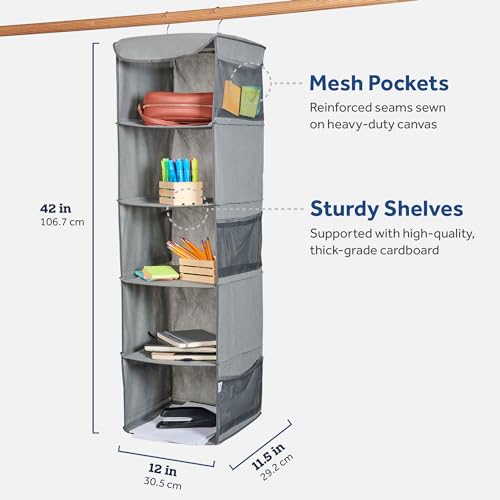 ZOBER Hanging Closet Organizer, 5-Shelf - Hanging Storage Organizer Shelves for Clothes, Towels, Toys - College Dorm Room, Nursery, & Home Closet - color: Grey, size: 5-Shelf