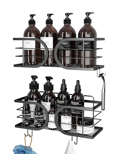 Shower Caddy No Drill Adhesive Wall Mounted SUS304 Stainless Steel Durable Large Capacity Shower Rack Organizer Quick Dry Rustproof Bathroom Storage Shelves - 2 Pack (Black) - color: Black, size: 2 Pack