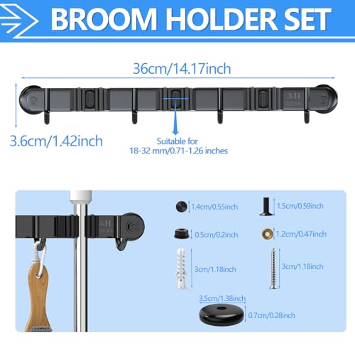 3-H Magnetic Broom Holder Wall Mount 2 Pack, 2-in-1 Dual Mount (No Drill or Screw Fix), 304 Stainless Steel Heavy Duty Magnet Mop Broom Organizer for Kitchen Garden Garage(3 Racks & 4 Hooks,Black) - color: Black, size: 2pc & 3R4H