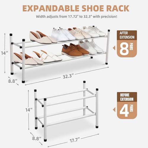 STORAGE MANIAC Expandable Shoe Rack, 8 Pairs Stackable Small Shoe Rack, Metal Adjustable Shoes Organizer for Closet, Entryway, Hallway, Garage, Front Door, Shoes Shelves, White 2 Tier - color: White, size: 2 Tier