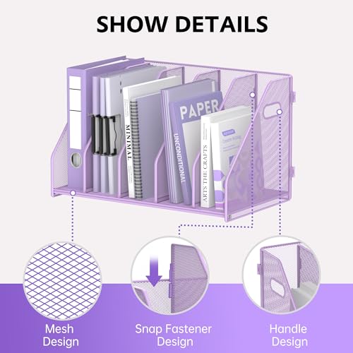 SUPEASY Binder Organizer, Magazine File Holder with 5 Vertical Compartments Rack, Metal Desk File Organizer & Binder Holders, Magazine Organizers for Office Desktop, Home, School, Classroom (Purple) - color: Purple, size: 5Rack