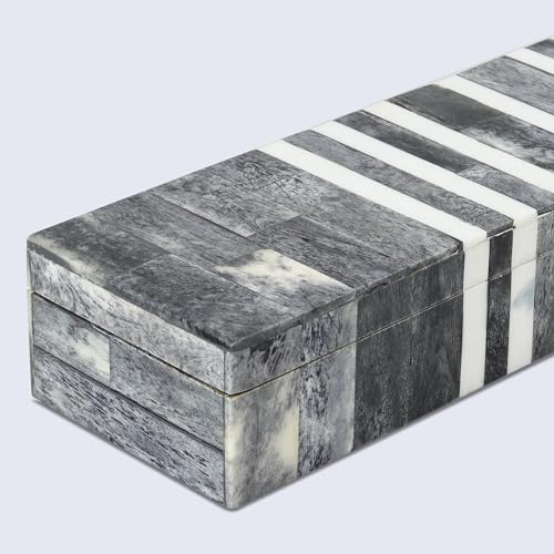 Handicrafts Home Decorative Storage Box with Lid, Patisserie Cafe Stripe Pattern Remote Holder Box, Slim Coffee Table Storage Organizer, Wooden Kitchen Counter Desk Shelf Box, Grey & White, 10x2.5x1.5 - color: PATISSERIE-CAFE, size: 10x2.5x1.5 Inch