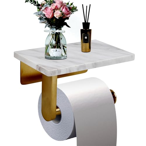Toilet Paper Holder with Natural Marble Shelf for Bathroom Washroom,Wall Mounted Tissue Holder Suitable for Mega Roll (Brushed Gold, Small 6.7 * 4.3 in) - color: Brushed Gold, size: Small 6.7 * 4.3 in