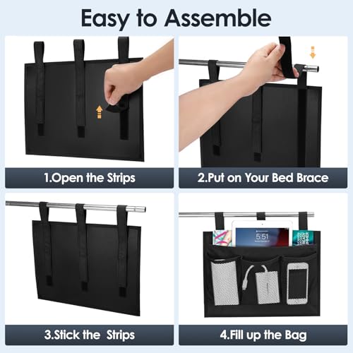 Bedside Caddy Storage Organizer, Hanging Storage Bag Pocket for Bunk/Hospital Beds,College Dorm Organizer for Remotes Phone,College Dorm,Camp,Bed Rails(4 Pockets),Black