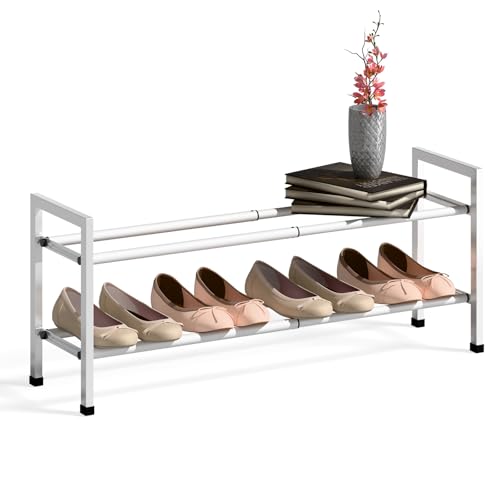 Bumusty 2-Tier Expandable Shoe Rack for Closet, 18“-33” Adjustable Shoe Rack for Small Space, Small Shoe Organizer for Front Door, Sturdy Metal, White - color: White, size: 2-Tier