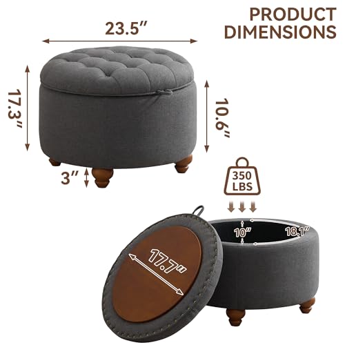 WUTUTUEE 24Inch Round Storage Ottoman with Tray, Modern Tufted Fabric Circle Coffee Table with Storage, Upholstered Ottoman with Removable Top for Living Room, Bedroom, Dark Grey - color: Dark Grey, size: 24 Inch
