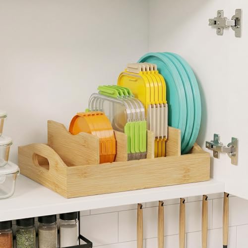 Lifewit Bamboo Lid Organizers for Inside Cabinet, Food Storage Container Lid Holder with 4 adjustable Inserts & 5 Sections, Kitchen Pantry organizer and storage, 10.6" X 8.3" - size: Medium(10.6" x 8.3")