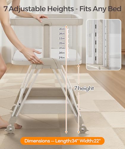 Fodoss Baby Bassinets Bedside Sleeper - Bed Side Bassinet Newborn with Wheels, Storage Tray, 4-Sided Mesh, 7 Height Adjustable, Beige - color: Beige Tweed
