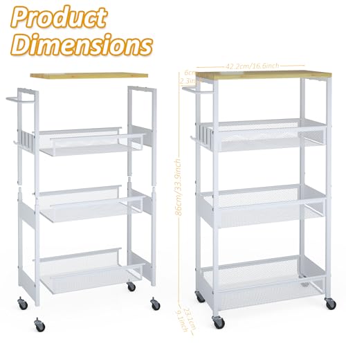 Vincona Slim Rolling Utility Cart, 4 Tier Metal Narrow Storage Cart with Handle and Wood Top, Multifunctional Small Mobile Shelf Unit Organizer Trolley for Laundry, Bathroom, Kitchen - color: White, size: 9.1" wide
