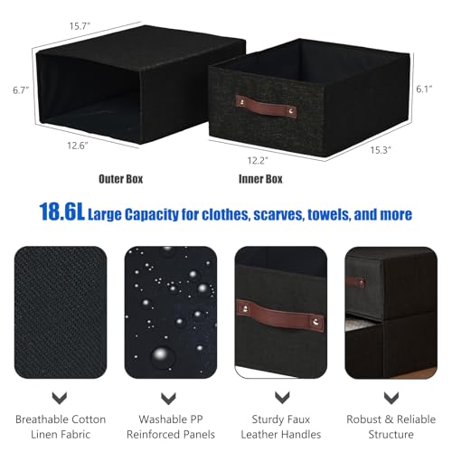 Closet Drawer Organizer Stackable Fabric Storage Boxes Bins Baskets with Lid PU Leather Handles Foldable Washable Cotton Linen Wardrobe Shelf Clothes Towels Container (Black, Large) - color: Black, size: Large ( Set of 1 )