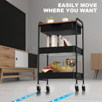 3 Tier Rolling Cart with Drawer, Metal Utility Cart on Wheels Storage Cart with Wood Top, Kitchen Cart Art Cart Organizer for Bathroom Office Balcony Living Room - color: Black