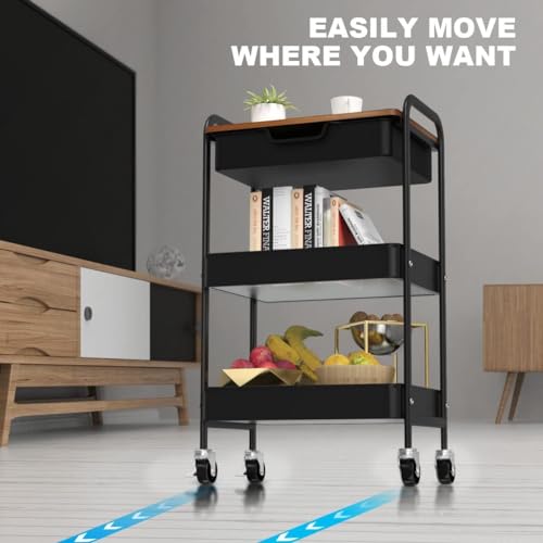 3 Tier Rolling Cart with Drawer, Metal Utility Cart on Wheels Storage Cart with Wood Top, Kitchen Cart Art Cart Organizer for Bathroom Office Balcony Living Room - color: Black