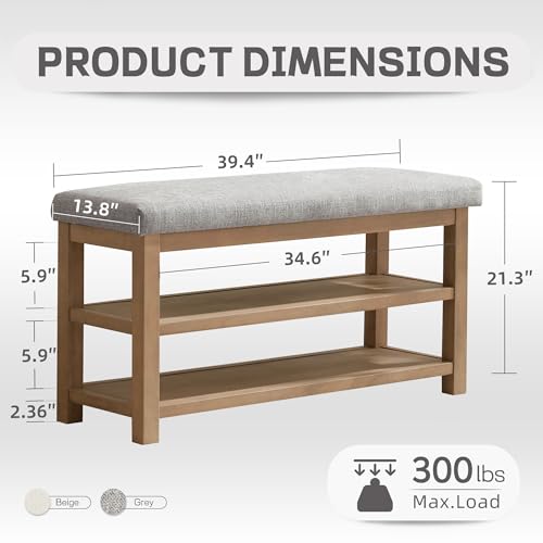 Zihanhome 2 Tier Shoe Rack Bench with Cushion, Solid Wood Shoe Benches, Mid-Century Modern Shoe Storage Bench for Entryway, Hallway, Living Room, Closet, Front Door Entrance, (Grey, 39.4") - color: Grey, size: 39.4"