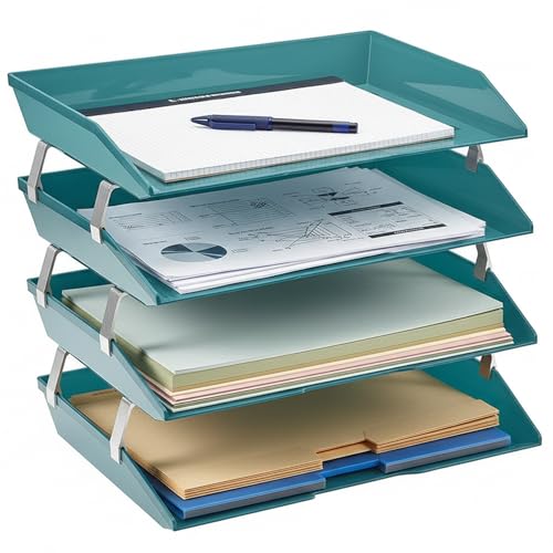 Acrimet 4 Tier Paper Letter Tray Side Load Letter Size, Office Desk File Document Organizer Plastic (Solid Green)