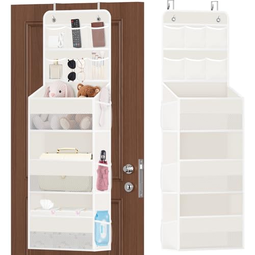 SpaceHacks 5-Tier Over the Door Organizer with Mesh Pockets, Baby Nursery Storage for Closet, Bathroom and Bedroom, Adjustable Hanging Closet Organizer for Cosmetics, Books and Essentials (Beige) - color: Beige, size: 5-Tier