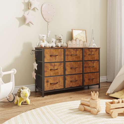 Dresser for Bedroom, Small Fabric Dressers for Kids Bedroom, 9 Drawers Dresser for Closet, Storage Organizer Chest of Drawers for Nursery, Dorm, Apartment, TV Stand, Wood Top, Side Hook (Rustic Brown) - color: Rustic Brown, size: 11.8"D x 39.4"W x 25.6"H