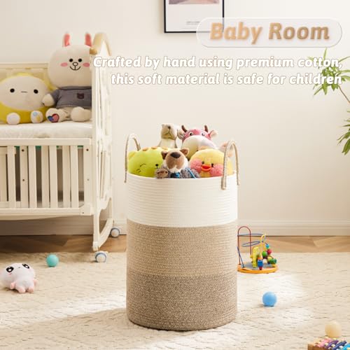 Artfeel Laundry Basket,Woven Cotton Rope Laundry Hamper,40L for Decorative Storage of Dirty Clothes,Toys and Blankets in Bathroom,Bedroom and Living Room - color: Brown & White, size: 40L