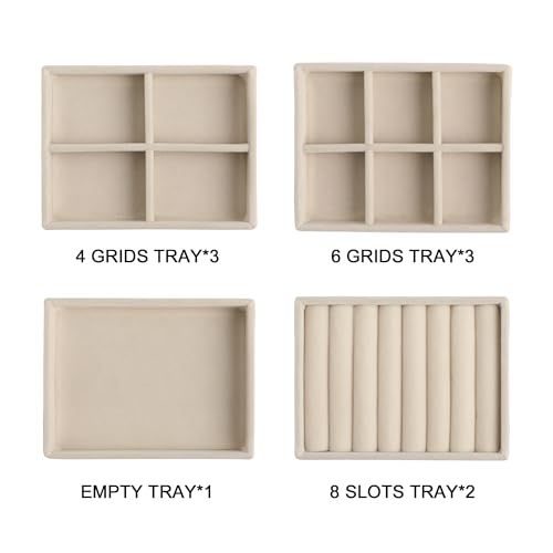 Frebeauty Small Jewelry Tray Set,Stackable Velvet Jewelry Organizer Tray,Mini Jewelry Drawer Organizer,Drawer Inserts,4.92 x 3.74 x 0.9 Inches,Earring Organizer for Women(Set 9,Beige) - color: Beige, size: Mixed Set 9