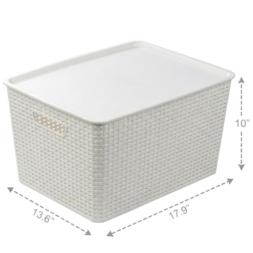BINO | Plastic Storage Baskets with Lids, 33 Liter - 3 Pack, White | THE WOVEN COLLECTION | Storage Basket for Shelves | Woven Storage Baskets for Organizing Bins Pantry Shelf Organizer Container Bin - color: White, size: 33L | 3-Pack