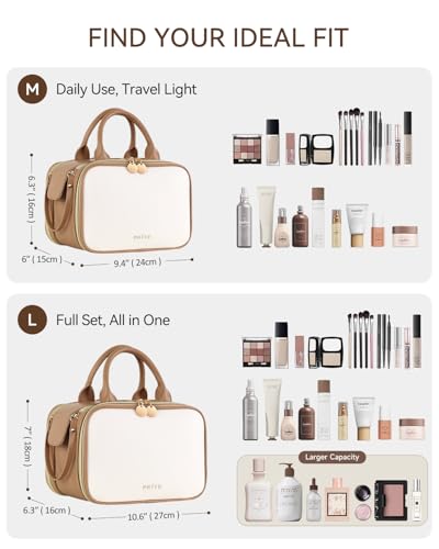 Prite Makeup Bag for Women, Large Capacity Waterproof Travel Cosmetic Organizer, Portable Open Flat Toiletry Bag with Free-standing Brush Holder and Handle(Beige Brown Large) - color: Beige-Brown, size: Large